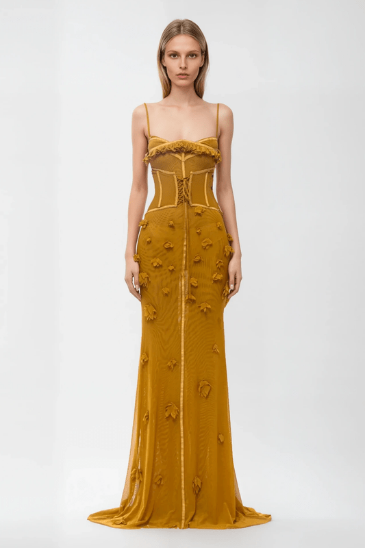 Gloofree – Sleeveless Corset Maxi Dress in Mustard Yellow