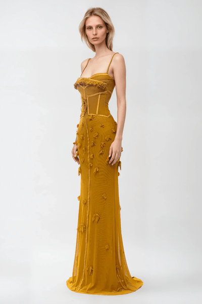 Gloofree – Sleeveless Corset Maxi Dress in Mustard Yellow