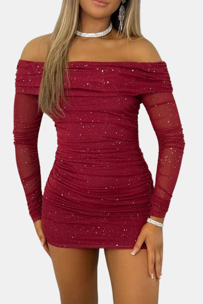 Grace – Sparkle Off-Shoulder Mesh Mini Dress
