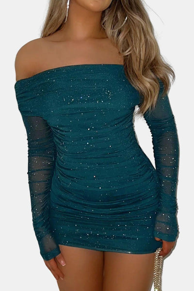 Grace – Sparkle Off-Shoulder Mesh Mini Dress