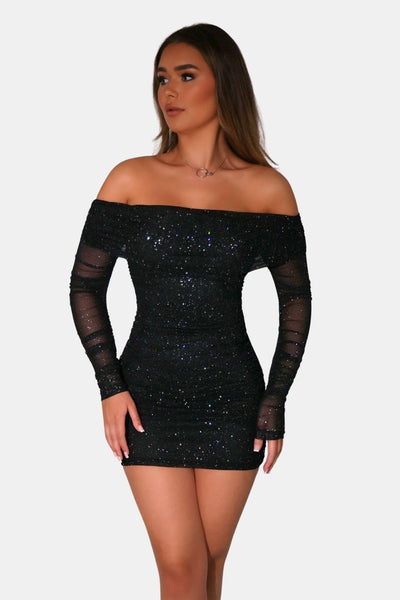 Grace – Sparkle Off-Shoulder Mesh Mini Dress