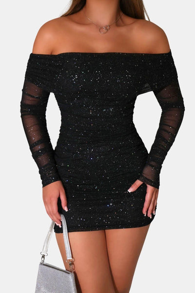 Grace – Sparkle Off-Shoulder Mesh Mini Dress