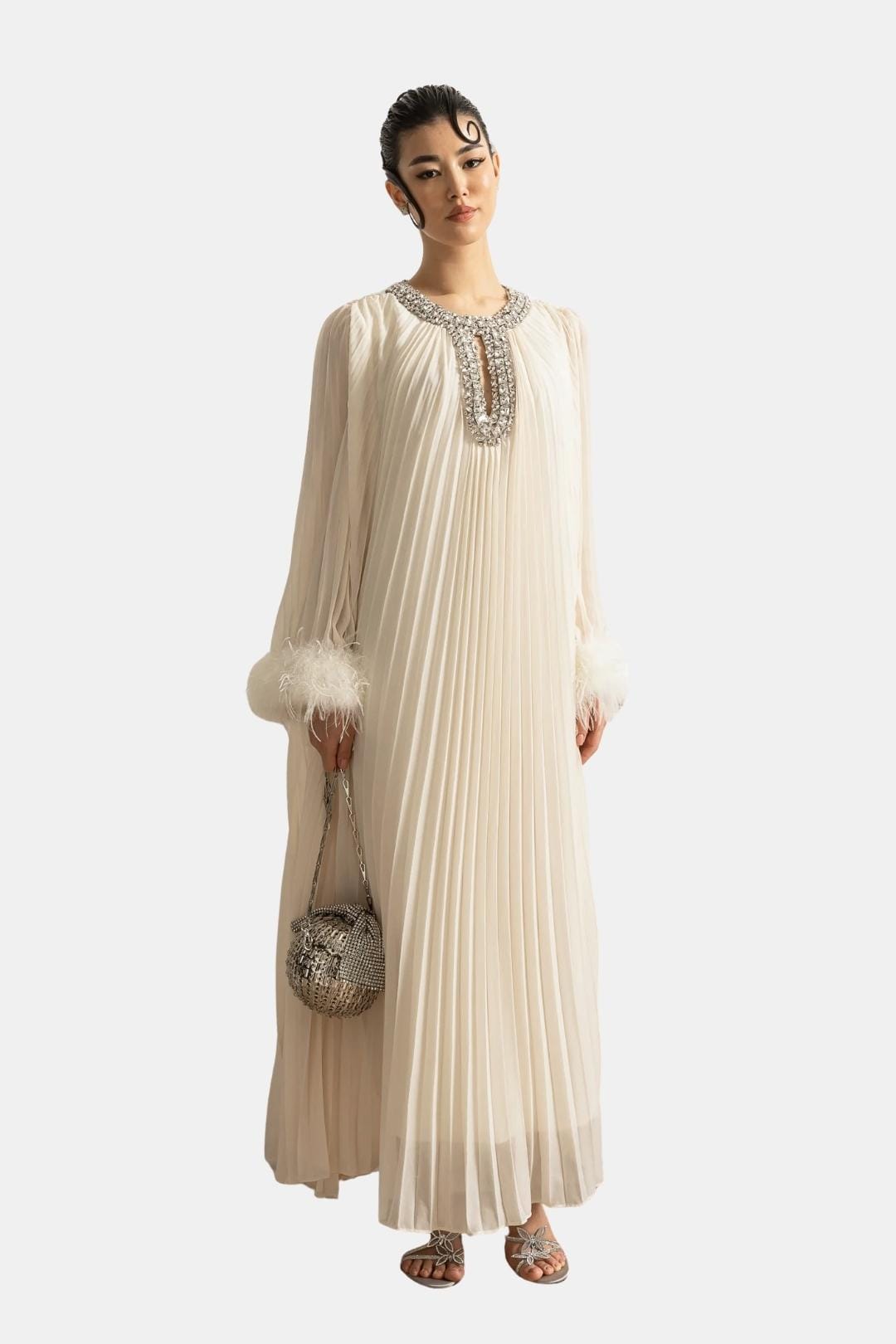 Isolana – Diamante Feathered Pleated Maxi Chiffon Dress