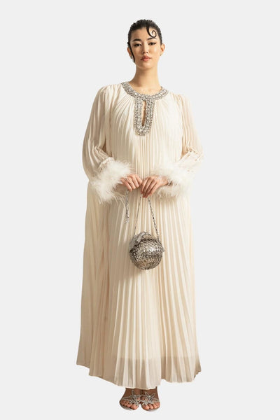 Isolana – Diamante Feathered Pleated Maxi Chiffon Dress