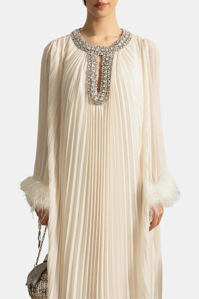 Isolana – Diamante Feathered Pleated Maxi Chiffon Dress