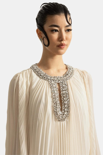 Isolana – Diamante Feathered Pleated Maxi Chiffon Dress