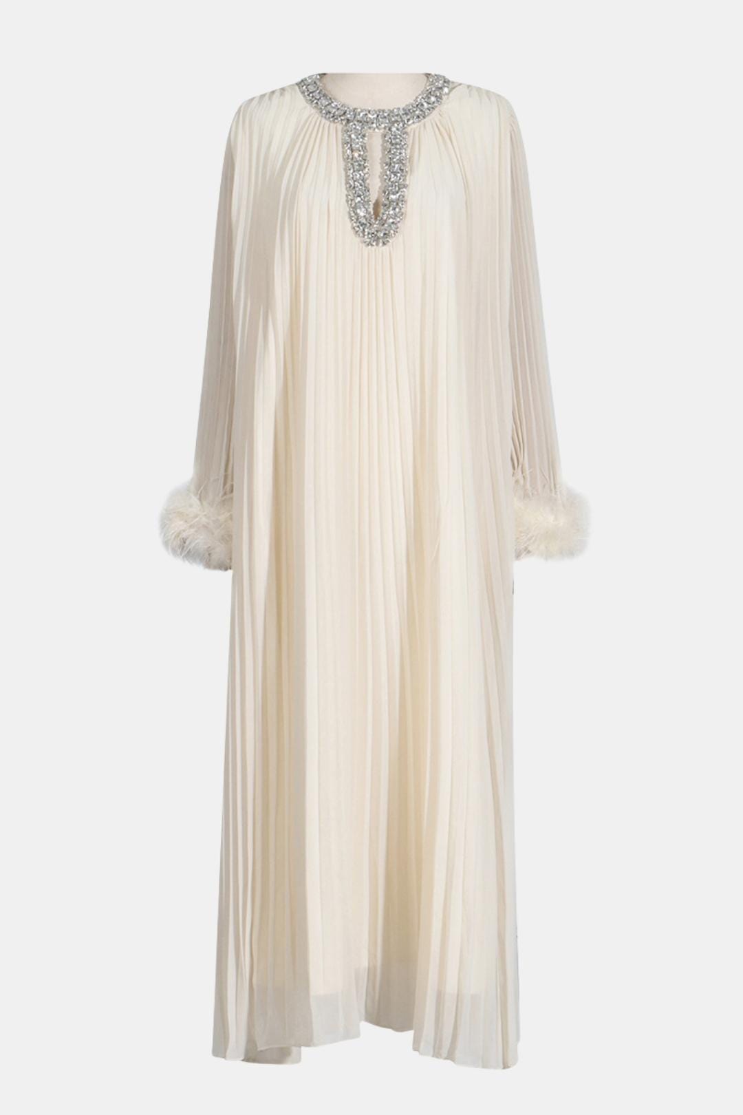 Isolana – Diamante Feathered Pleated Maxi Chiffon Dress