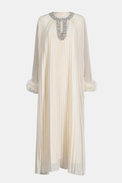 Isolana – Diamante Feathered Pleated Maxi Chiffon Dress