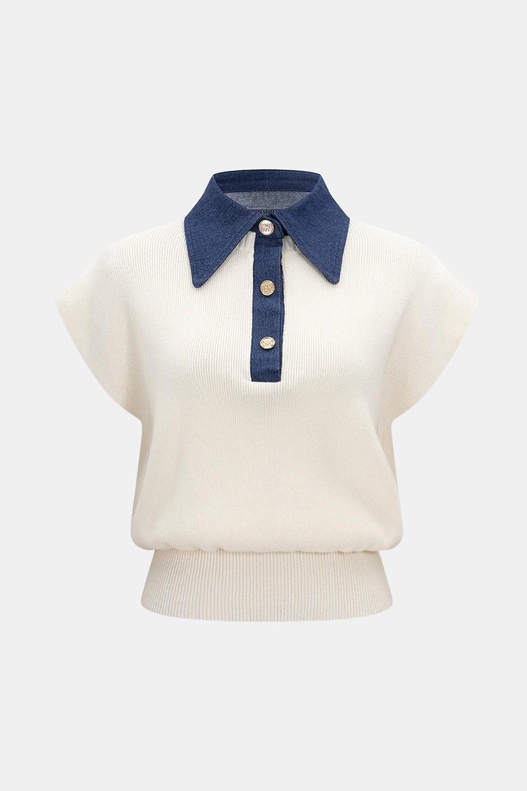 Jasmine – Knit Button Patchwork Short-Sleeve Top