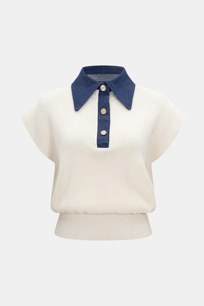 Jasmine – Knit Button Patchwork Short-Sleeve Top