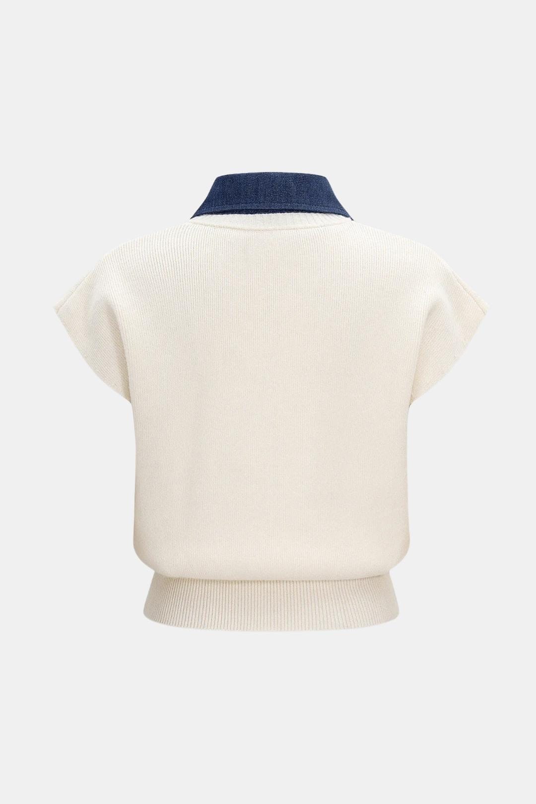 Jasmine – Knit Button Patchwork Short-Sleeve Top