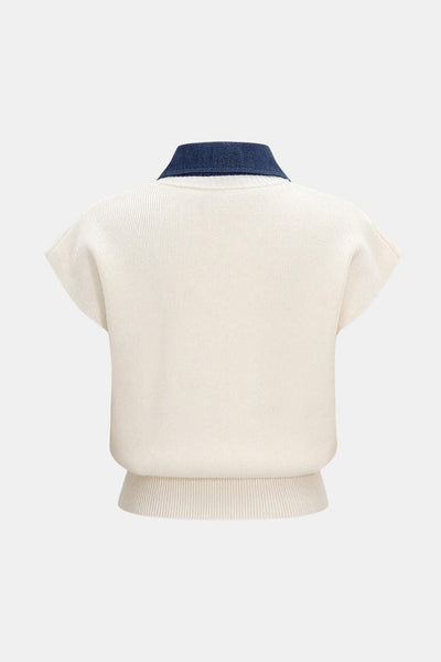 Jasmine – Knit Button Patchwork Short-Sleeve Top