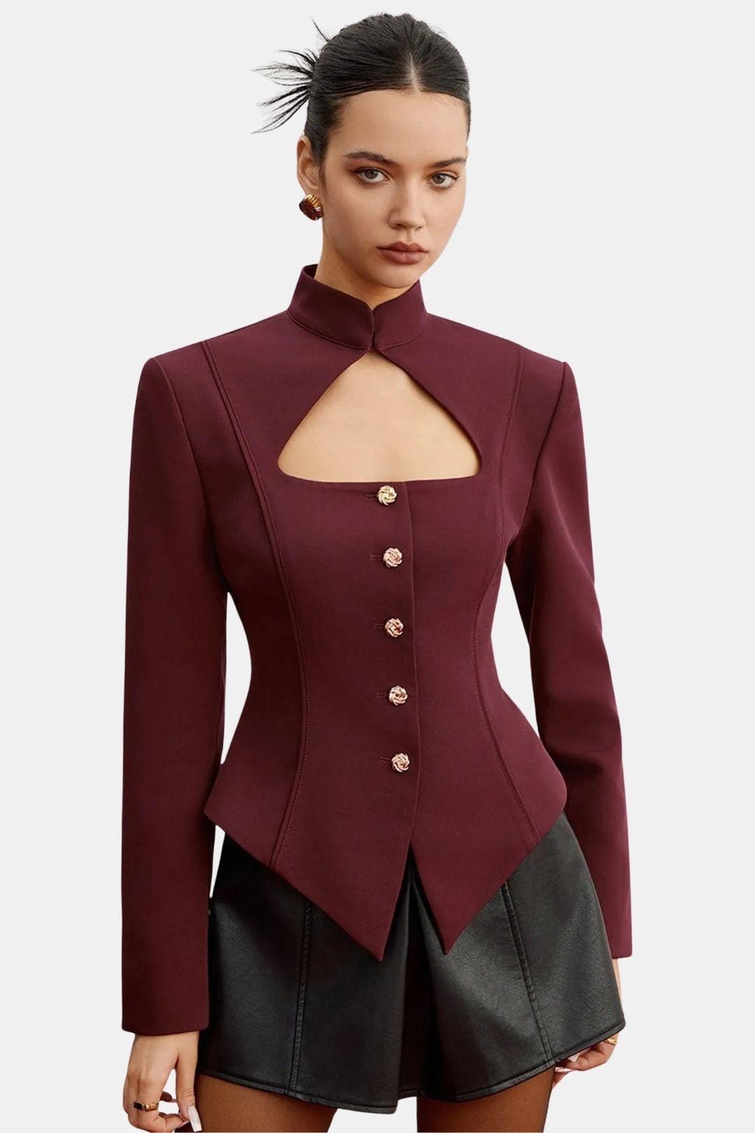 Kai – Stand Collar Cut-Out Blazer with Rose Buttons