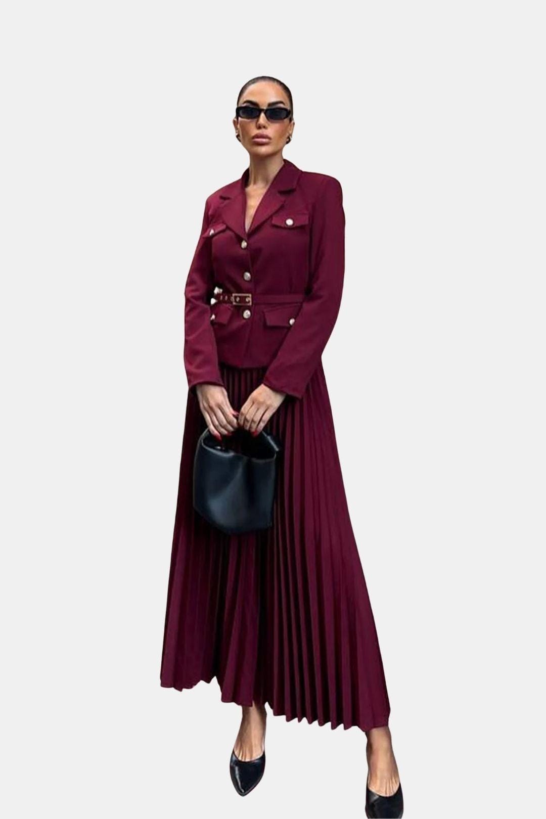 Karina – Belted Blazer and Pleated Skirt Set