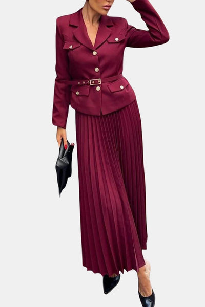 Karina – Belted Blazer and Pleated Skirt Set