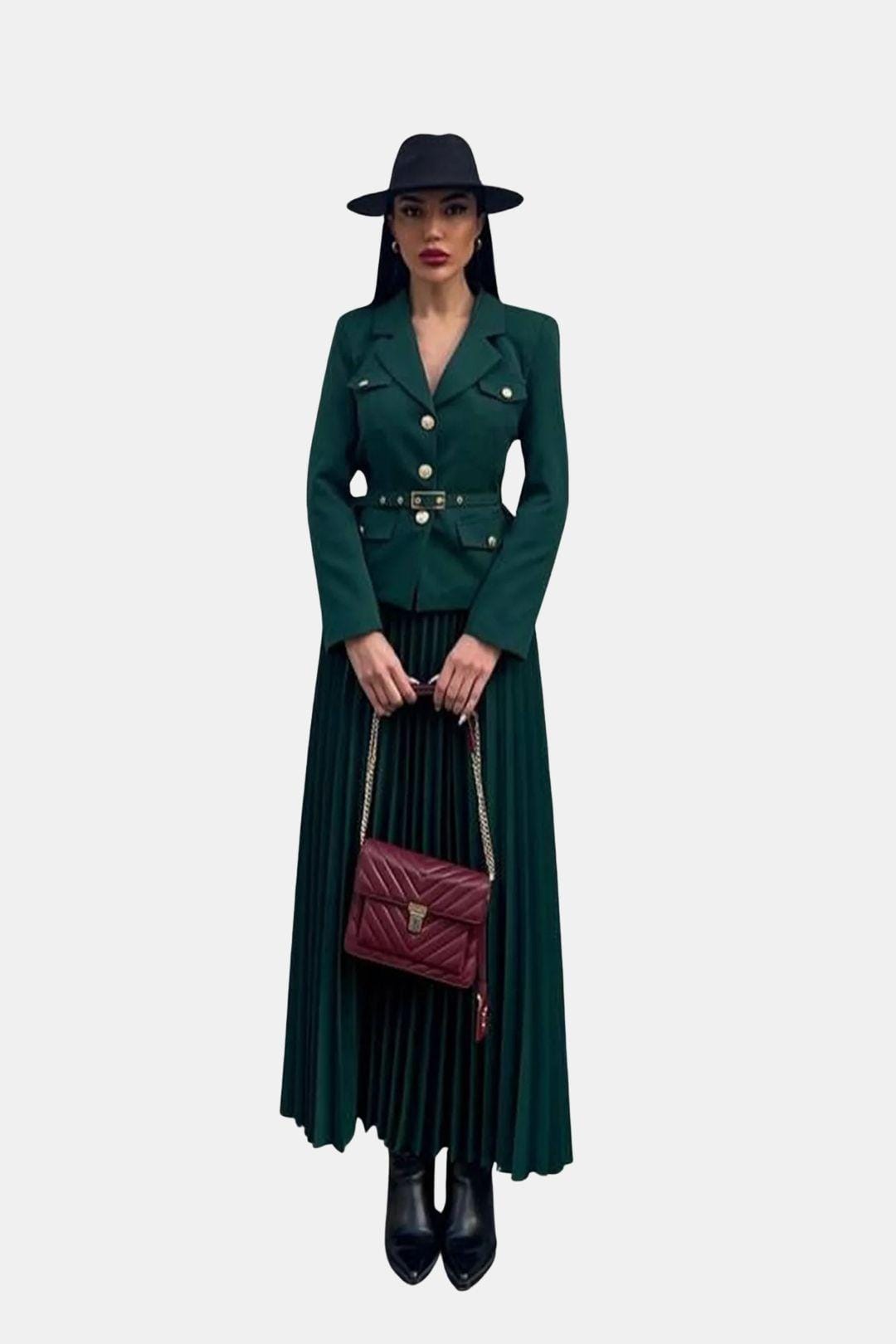 Karina – Belted Blazer and Pleated Skirt Set