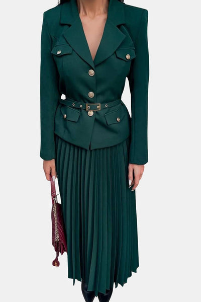 Karina – Belted Blazer and Pleated Skirt Set