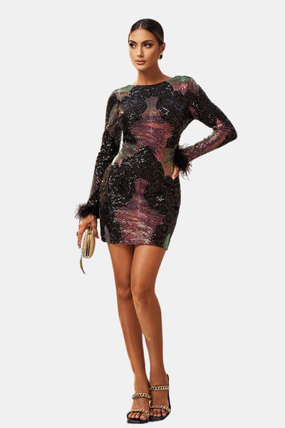 Katrielle – Black Sequin Feather Sleeve Mini Dress