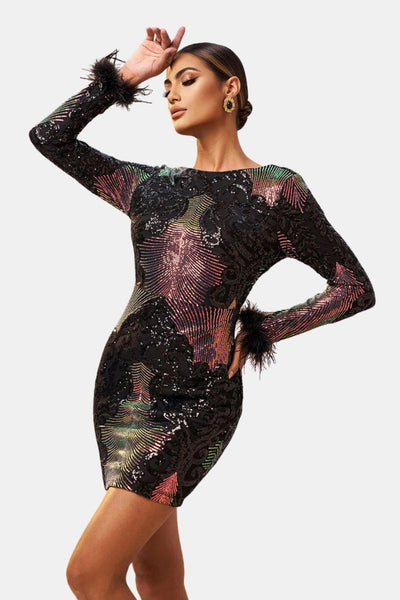 Katrielle – Black Sequin Feather Sleeve Mini Dress