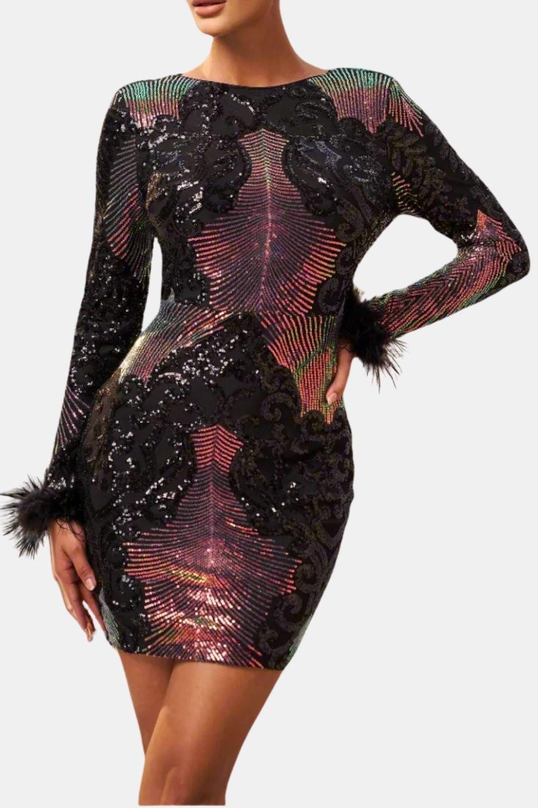 Katrielle – Black Sequin Feather Sleeve Mini Dress