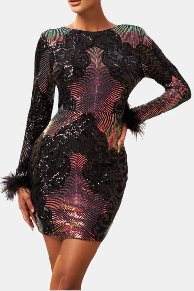 Katrielle – Black Sequin Feather Sleeve Mini Dress