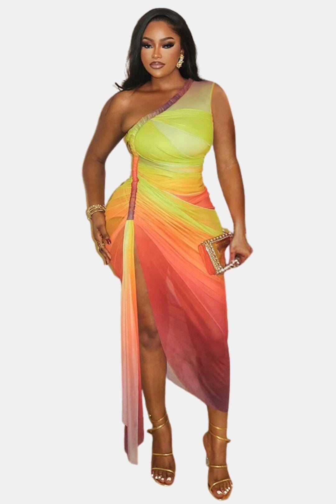 Kaye – Ombre Print Twist Mesh One Shoulder Midi Dress