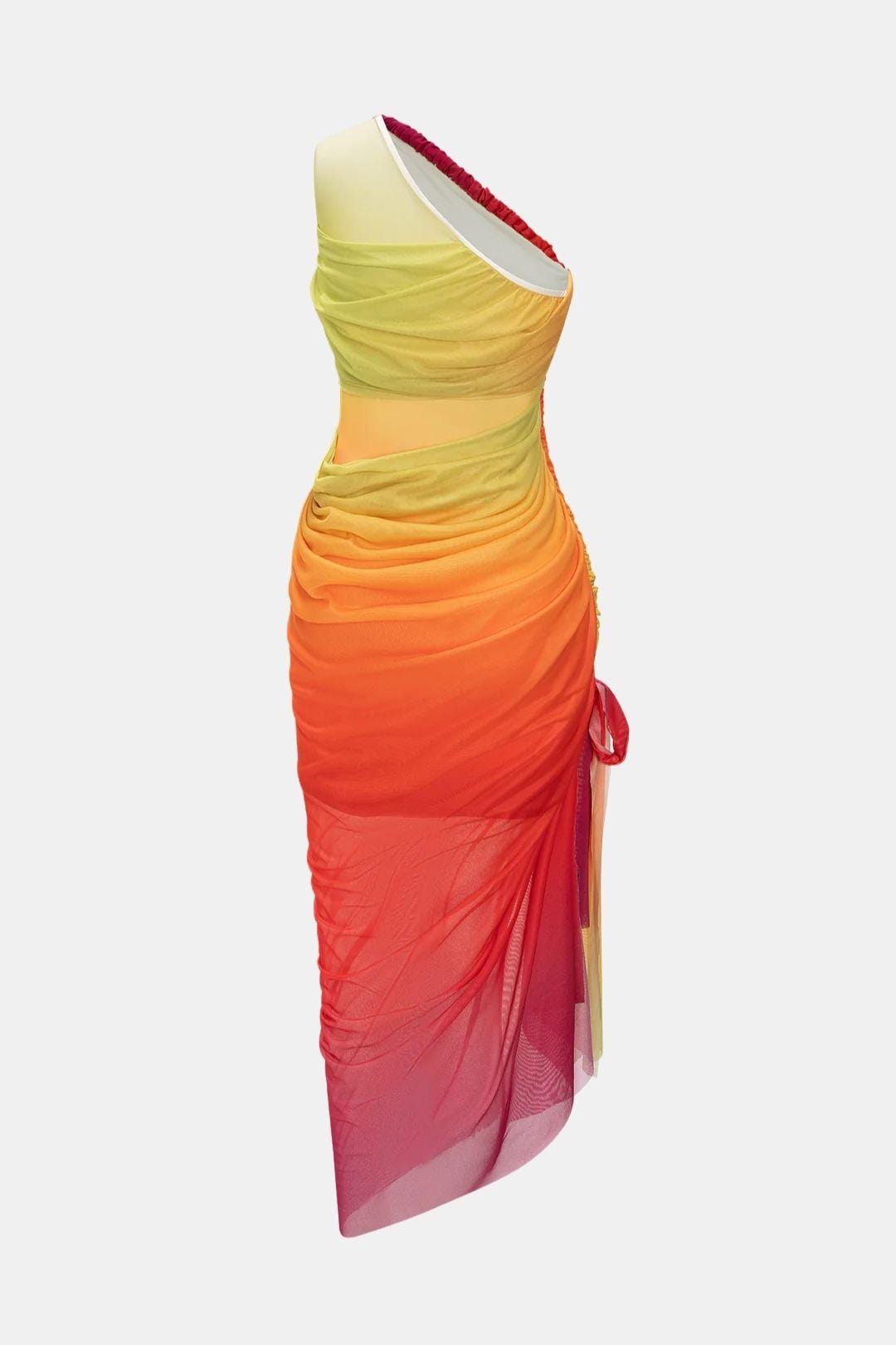 Kaye – Ombre Print Twist Mesh One Shoulder Midi Dress