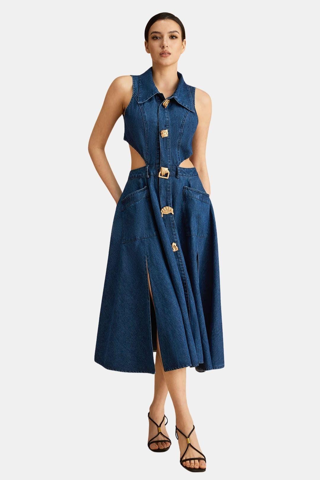 Kayla – Denim Button Cut Out Midi Dress