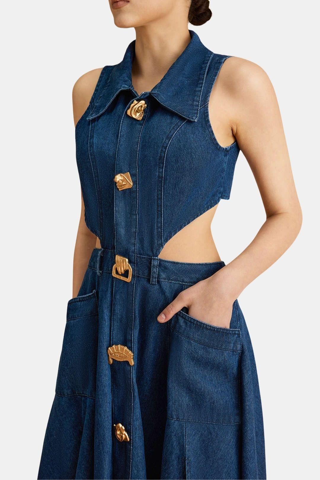 Kayla – Denim Button Cut Out Midi Dress