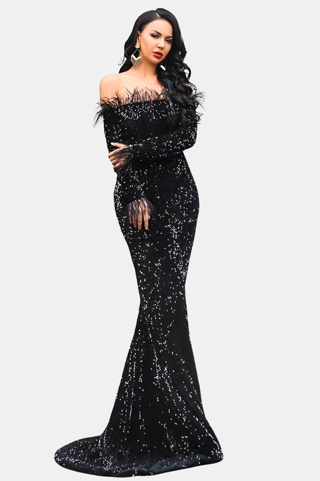 Kendall - Off-Shoulder Feather Sequin Evening Dress