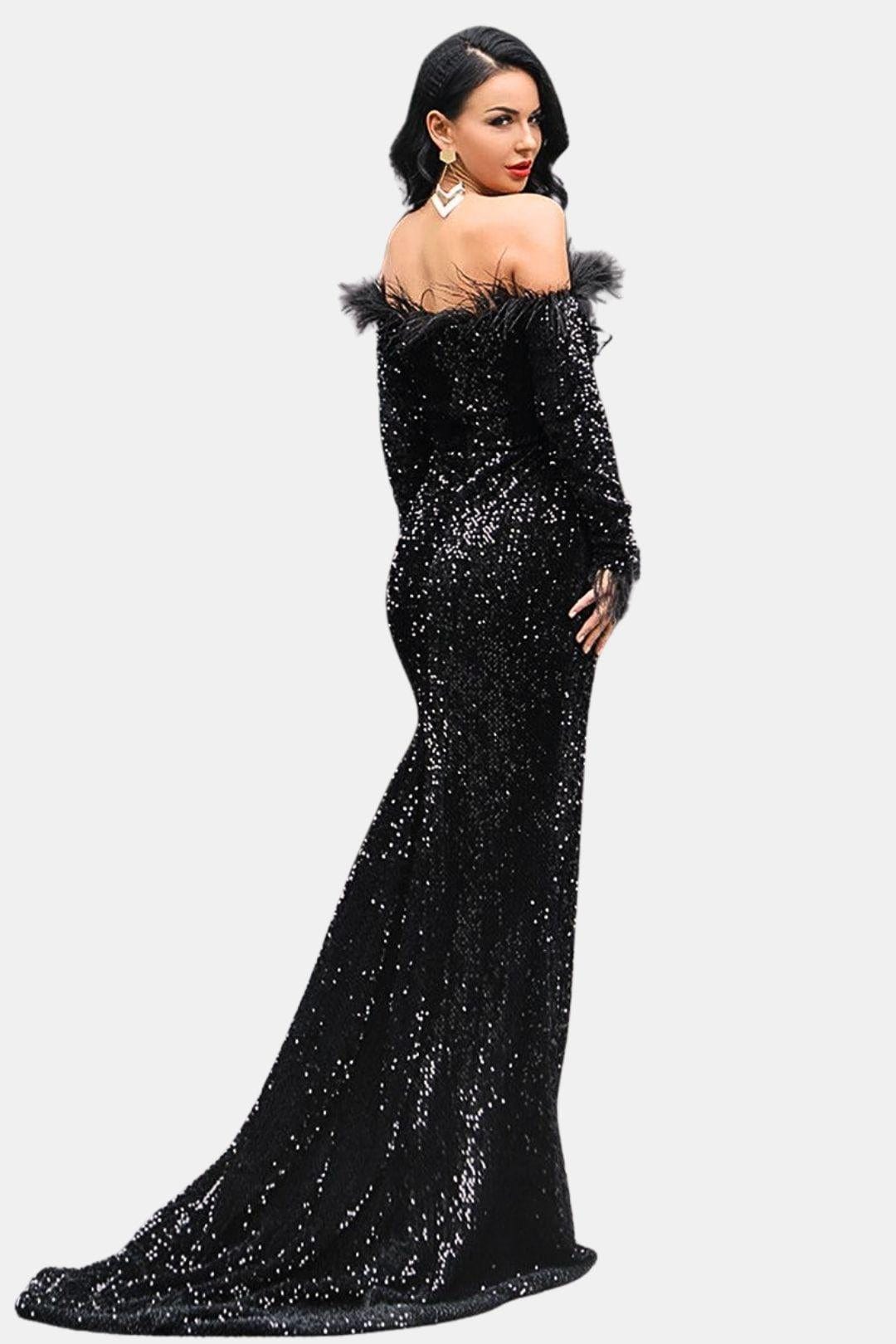 Kendall - Off-Shoulder Feather Sequin Evening Dress