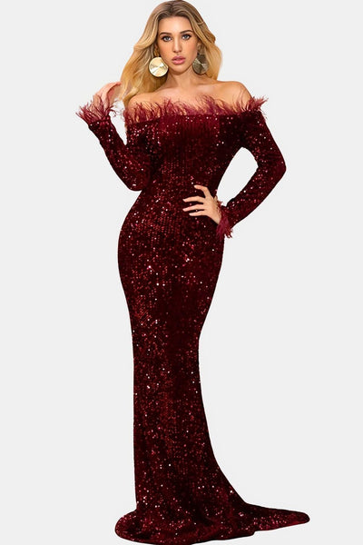 Kendall - Off-Shoulder Feather Sequin Evening Dress