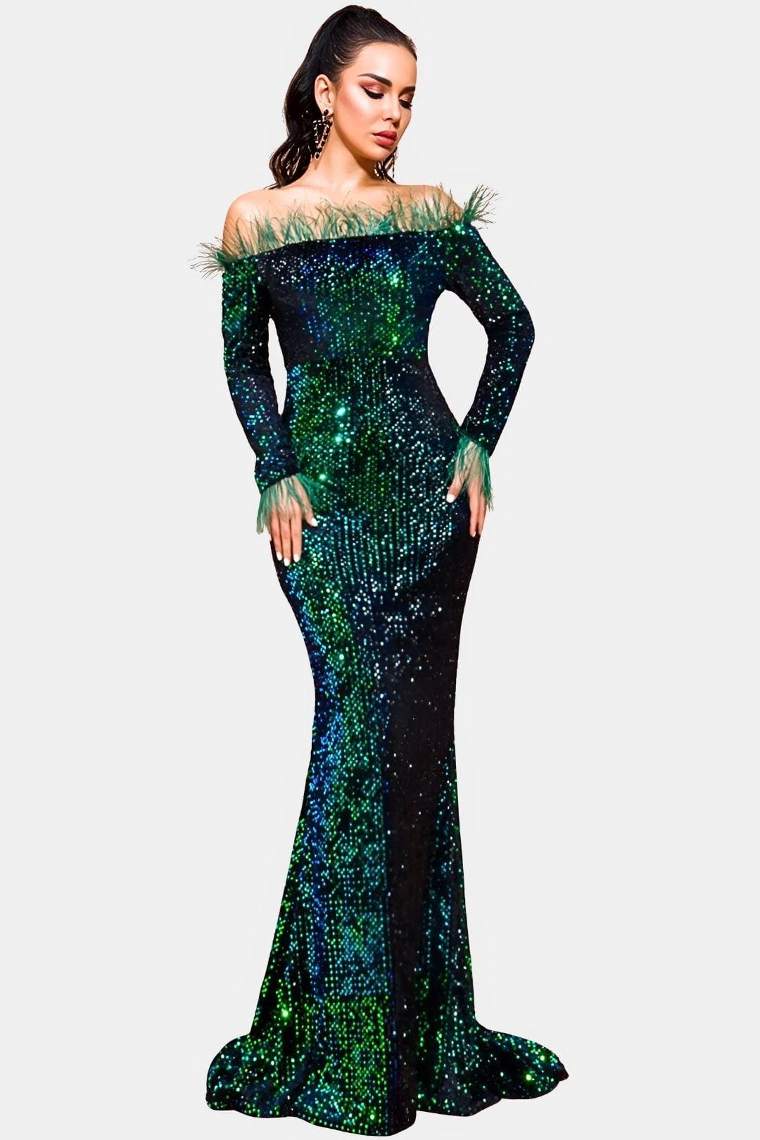 Kendall - Off-Shoulder Feather Sequin Evening Dress