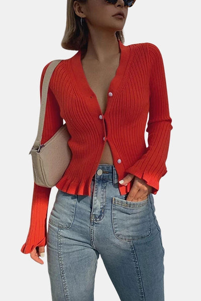 Kia – Pearl Button Ruffled Trim Cardigan