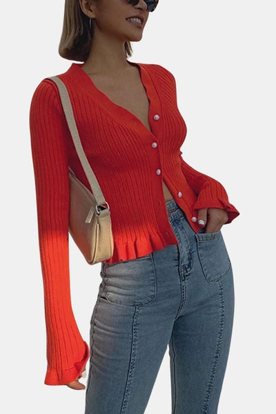 Kia – Pearl Button Ruffled Trim Cardigan