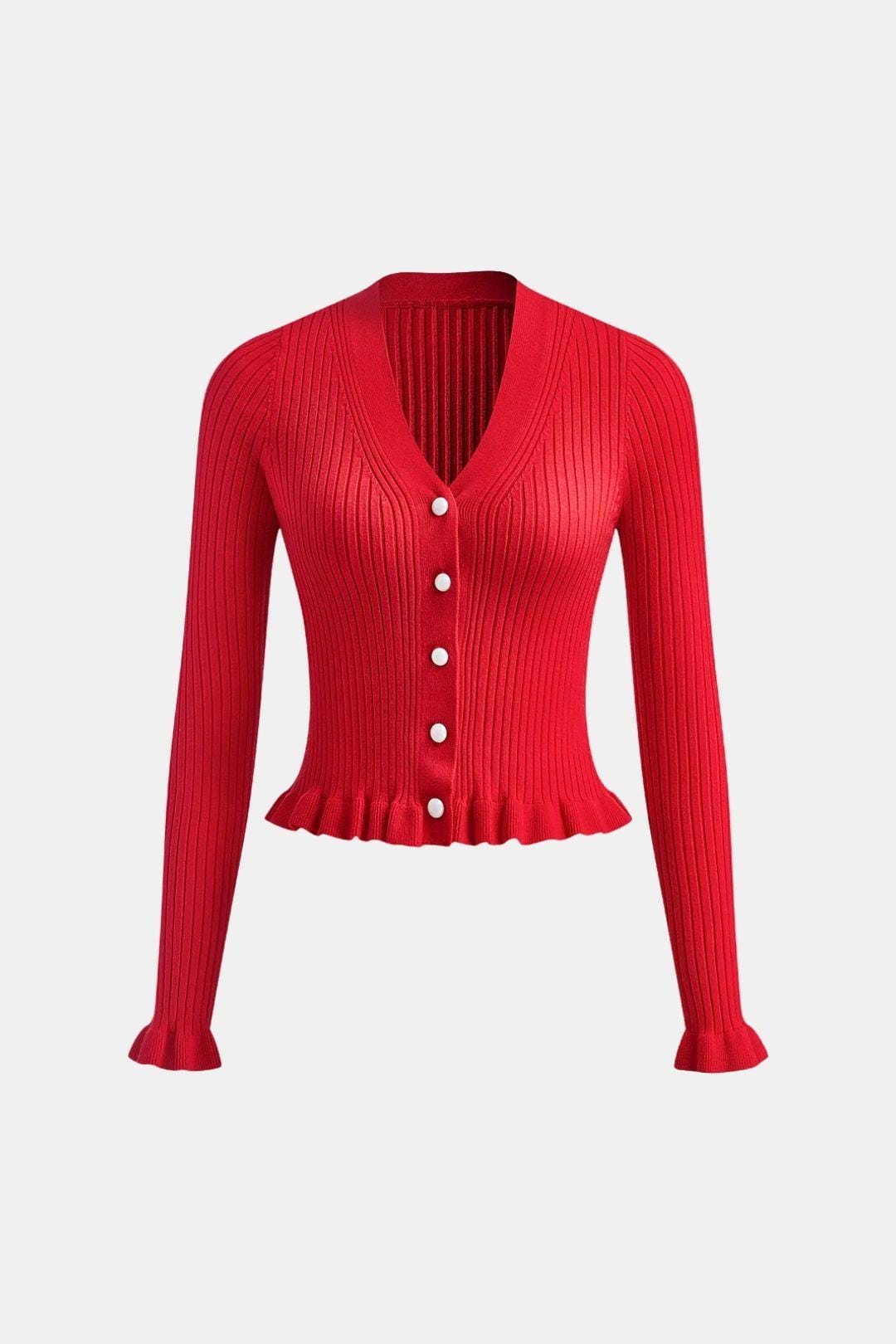 Kia – Pearl Button Ruffled Trim Cardigan