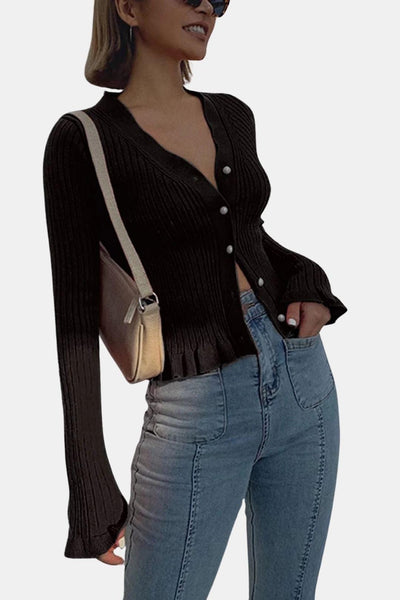 Kia – Pearl Button Ruffled Trim Cardigan