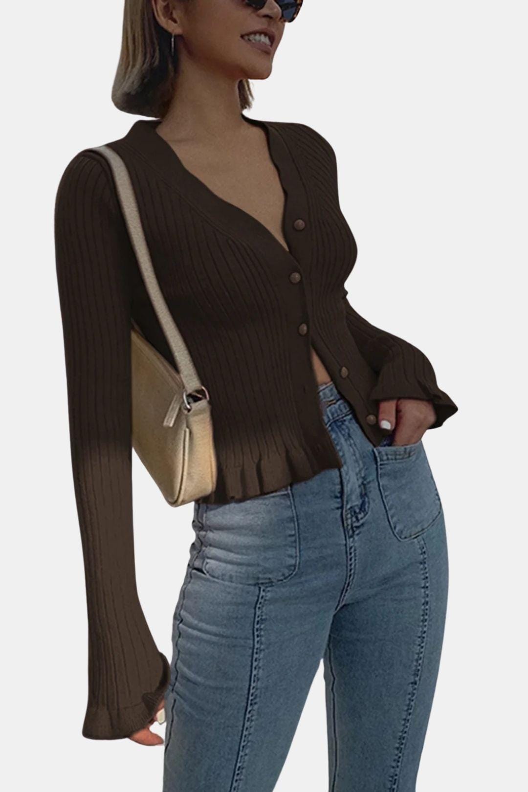 Kia – Pearl Button Ruffled Trim Cardigan