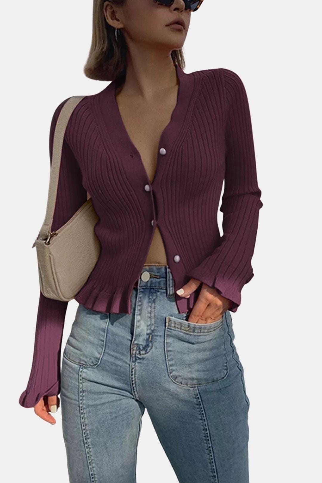 Kia – Pearl Button Ruffled Trim Cardigan