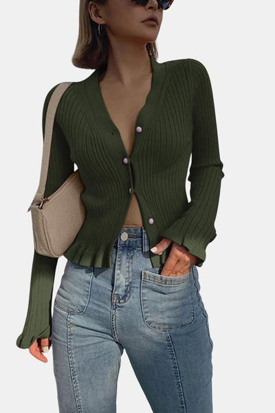 Kia – Pearl Button Ruffled Trim Cardigan