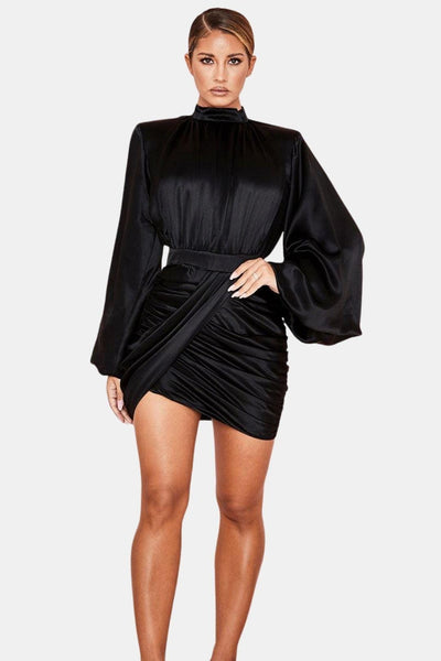 Lallaine – Black Stand Collar Ruched Balloon Sleeve Mini Dress
