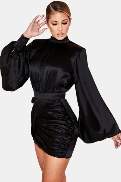 Lallaine – Black Stand Collar Ruched Balloon Sleeve Mini Dress