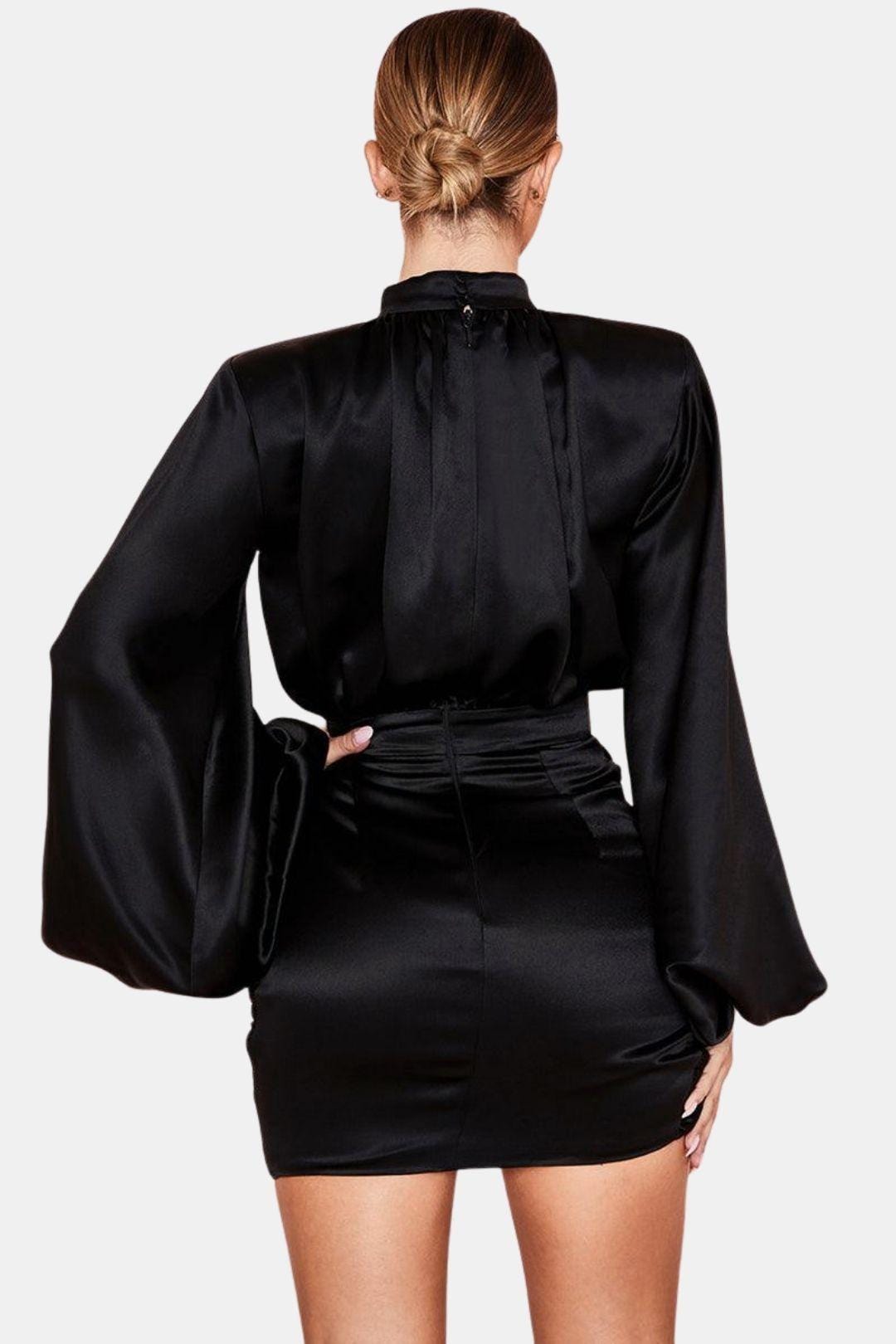Lallaine – Black Stand Collar Ruched Balloon Sleeve Mini Dress