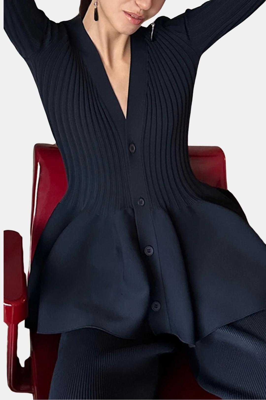 Lia – Solid V-Neck Puff Hem Sweater Cardigan