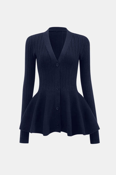 Lia – Solid V-Neck Puff Hem Sweater Cardigan