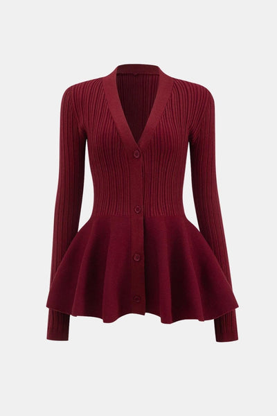 Lia – Solid V-Neck Puff Hem Sweater Cardigan