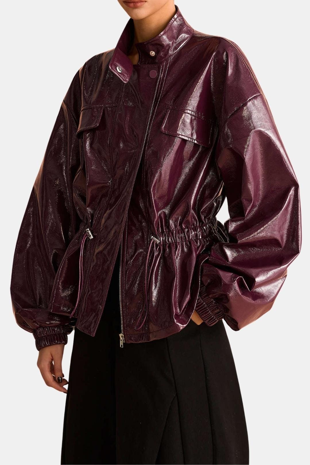 Lila – Faux Leather Drawstring Pocket Jacket