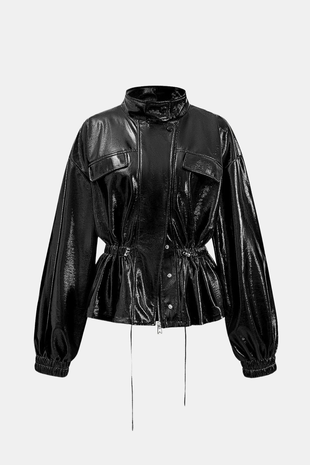 Lila – Faux Leather Drawstring Pocket Jacket