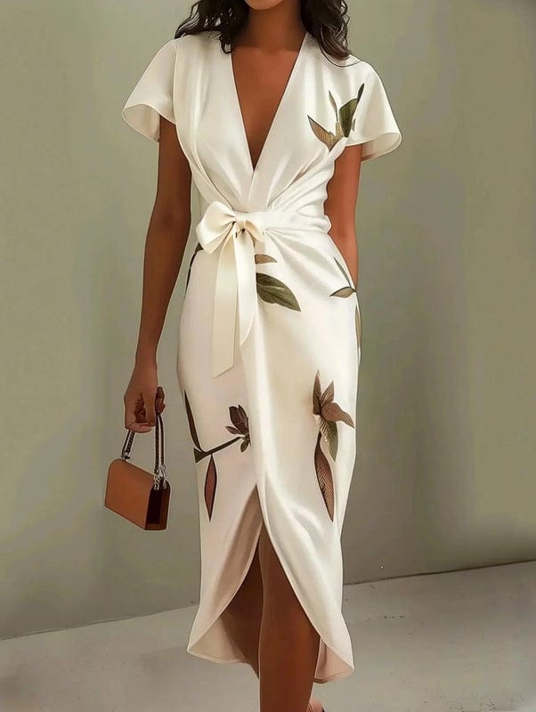 Mirea – V-Neck Urban Leaf Midi Dress