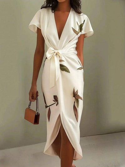 Mirea – V-Neck Urban Leaf Midi Dress